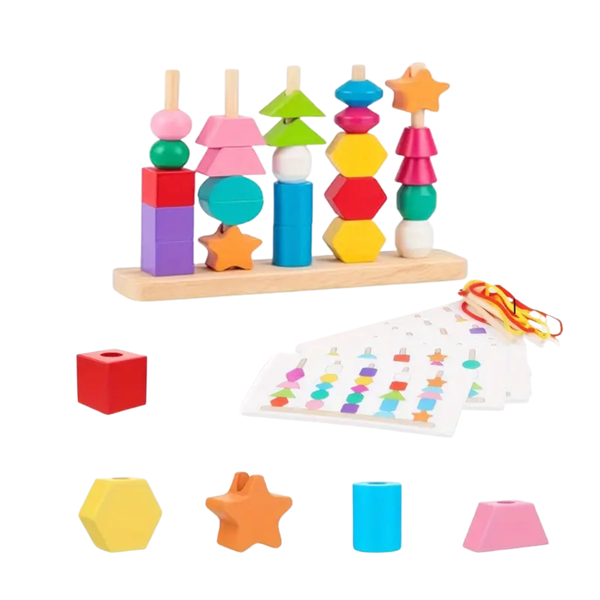 Wooden Beads Sequencing Toy Set with Stacking Blocks and Lacing Beads