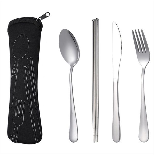 4Pcs Set Dinnerware Portable Stainless Steel Spoon Fork Steak Knife Set Tra