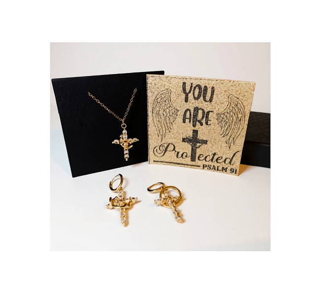 Cross and Crown Necklace and Earrings Set
