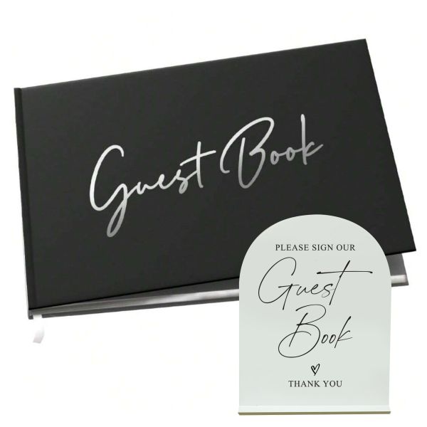 Black and Silver Foiled Guest Book and Sign Set
