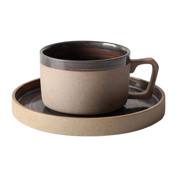 Rustic Stoneware Coffee Mug with Matching Saucer - 250ml - Brown