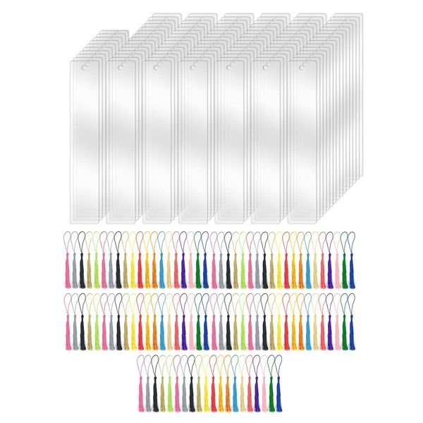 100 Pcs Acrylic Blanks Bookmarks with 100 Pcs Bookmark Tassels