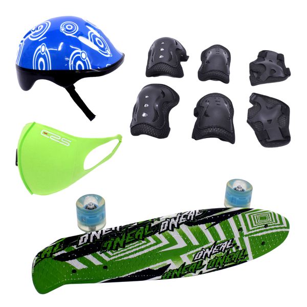 Skateboard 55cm-Flashing Wheels &amp; Protective Gear kit-Helmet &amp; Mask-Oneal