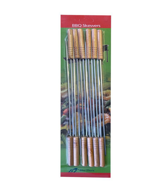 Stainless-steel Grilling Skewers with Solid Wooden Handle - 12Piece