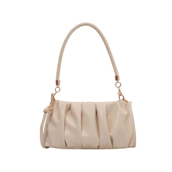 Elegant PU Leather Pleated Shoulder Bag - Cream