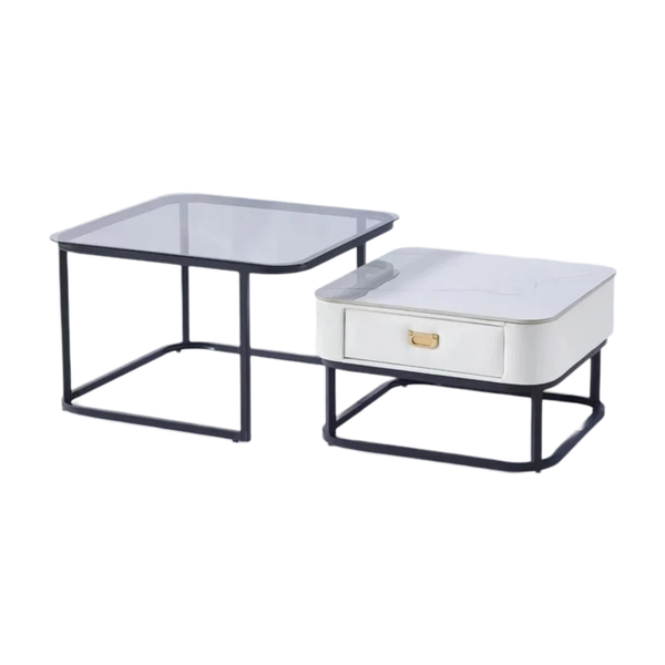 Nesting Square Glass Top Coffee Table with Marble Top Drawer Table XT-11