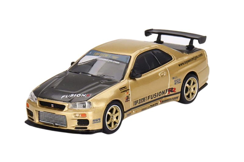 Mini Gt Nissan Skyline Gt-R R34 Top Secret Gold Japan Exclusive -1/64 Scale