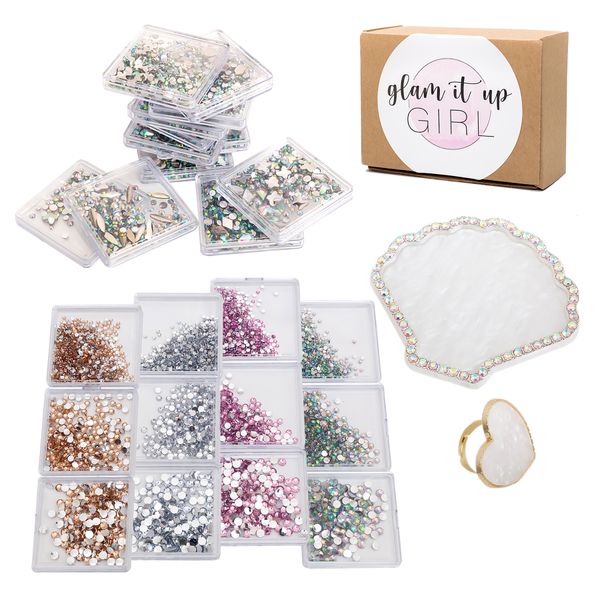 Nail Art Colour Crystal Gems 24 Pack + Mixing Palette &amp; Ring Set