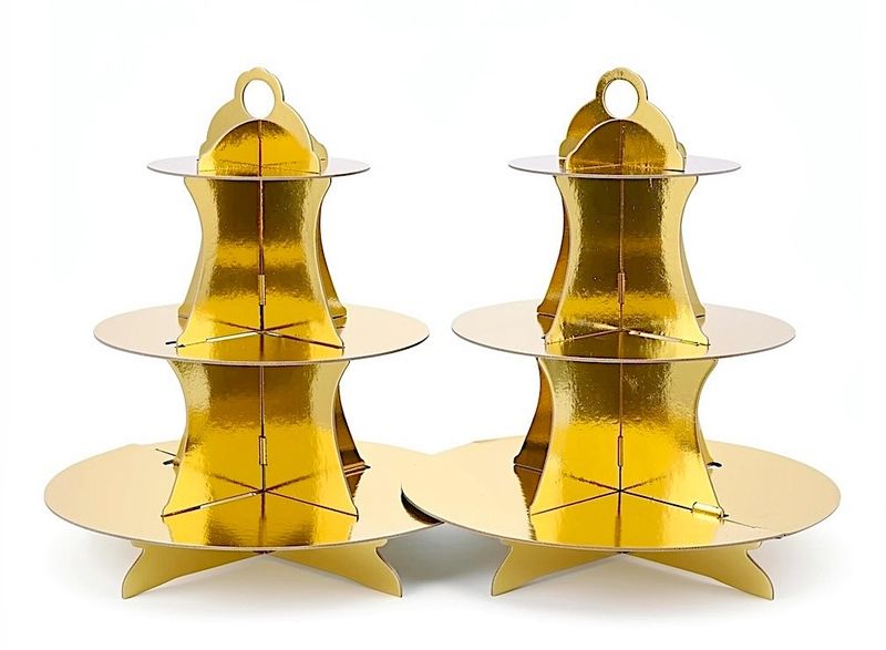 2 x Cupcake Cake Stand - 3-Tier Foil Covered Cardboard in Gold or Silver
