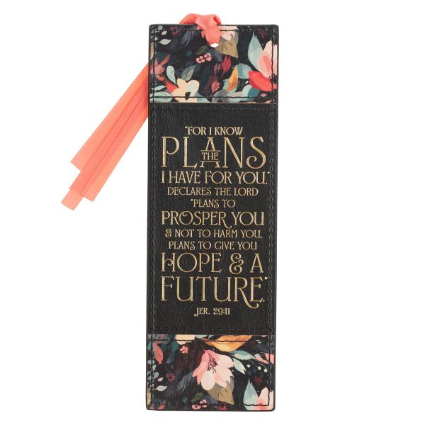 Faux Leather Bookmark - For I Know the Plans I Have For You, Floral, Black