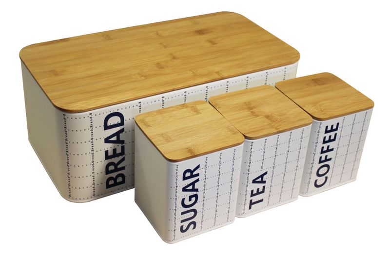 Casa - Bread Bin With Bamboo Lid &amp; 3 Piece Canister Tin Set