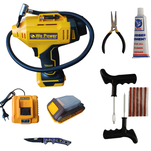 Air Compressor, Battery Pack &amp; Charger, Tire Repair Kit &amp; Free Pocket Knife