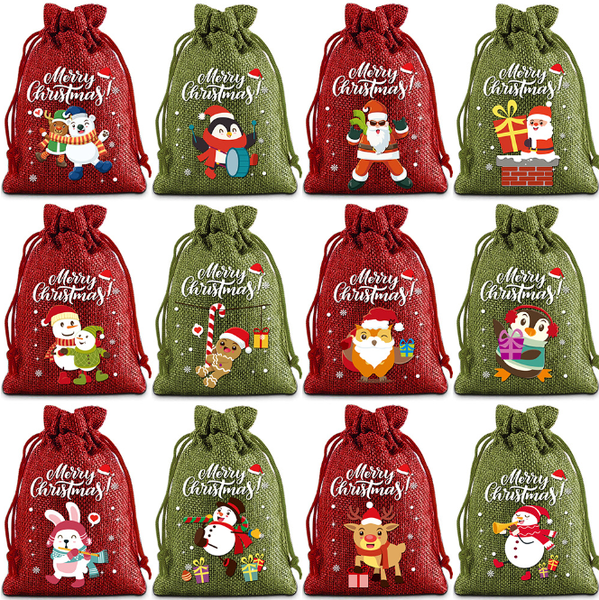 18 PCS Red+18PCS Green Christmas Linen Drawstring Gift Bags