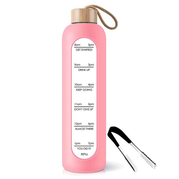 1000ml - Silicone Sleeve Motivational Borosilicate Glass Water Bottle