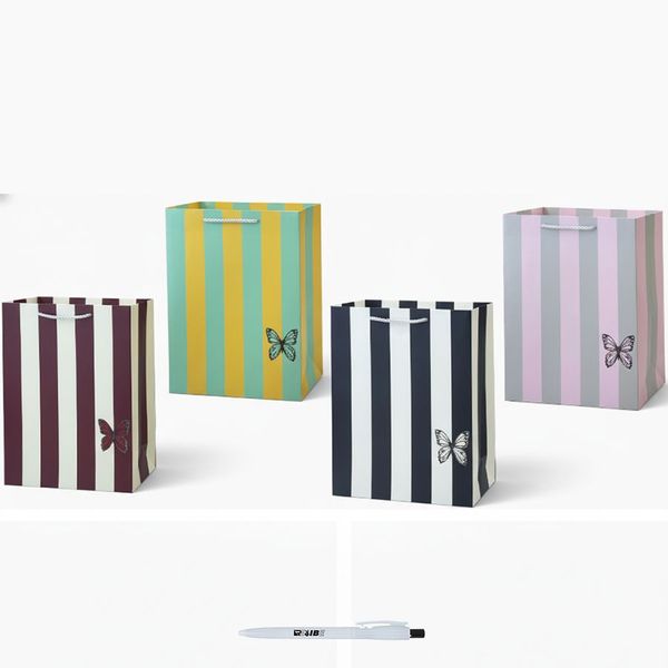 4Pcs Striped Large Gift Bags with Butterfly Design In 4 Colors + ReVibe Pen