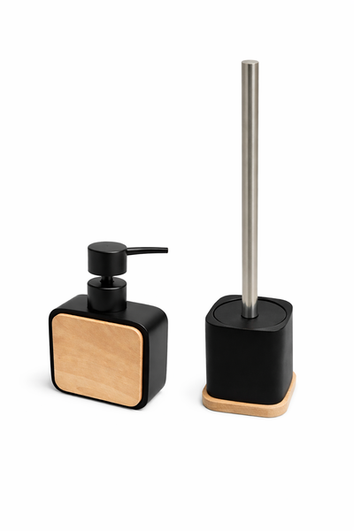 Modern Bamboo Bathroom Accessory Set - Soap Dispenser &amp; Toilet Brush