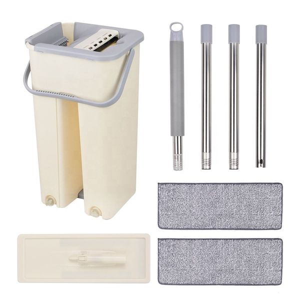 Microfiber Flat Floor Cleaning Adjustable Spin Dry Mop Bucket &amp; 2 Cloth Set