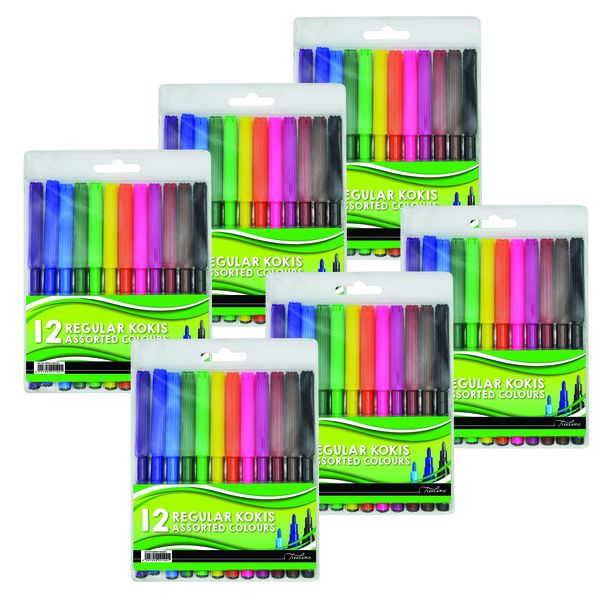 Treeline 12 Assorted Colouring Art Felt Pens Kokis - Pack of 6