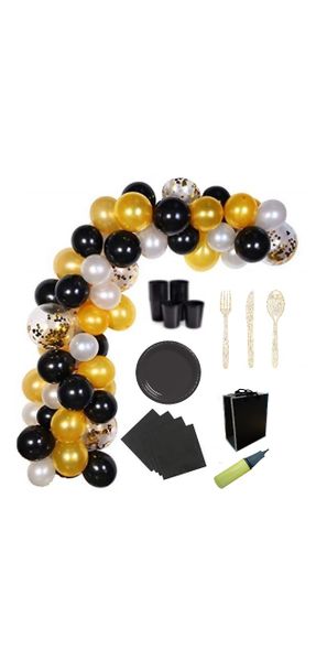 Black, Gold &amp; White Balloon Chain &amp; 20 Seat Plastic Tableware Set (254pcs)
