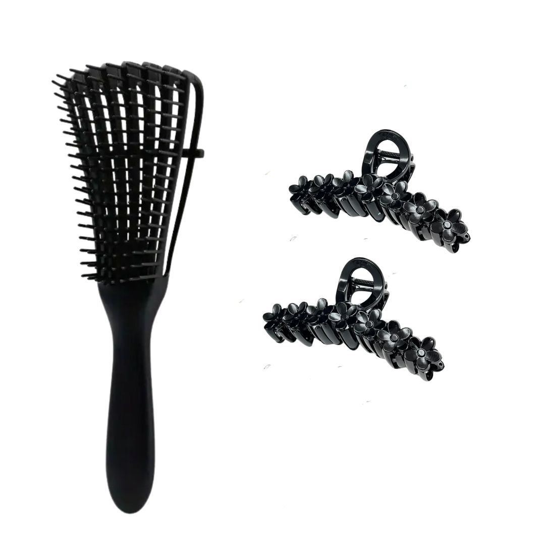 Black detangling brush and 2 flower hair claw clips