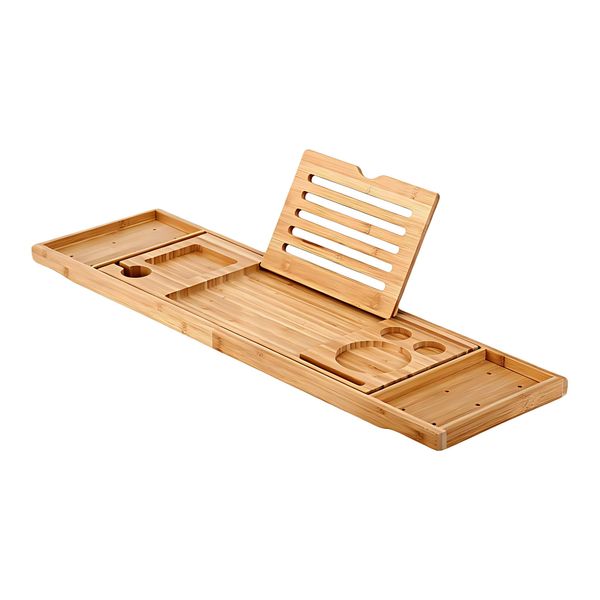 Adjustable Bathtub Shelves with Wine Glass Holder and Reading Rack - Bamboo