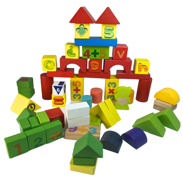 Colourful Wooden Building Blocks in Bucket &amp; Different Shaped Lid