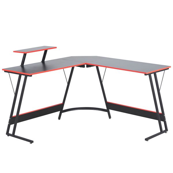 L-Shaped black and red contrast-colored gaming table with storage rack