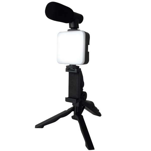 AY-49 - Portable Vlogging Kit With LED Light And Microphone- Black