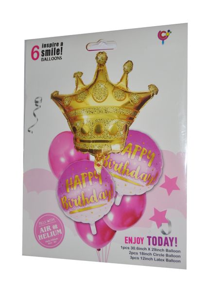 Pink Happy Birthday Crown foil balloon set - 6pc