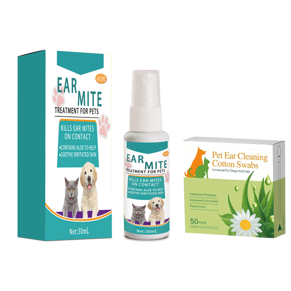 Pet Ear Cleaning Set - Mite Treatment Spray Ear Cleaning Cotton Swabs