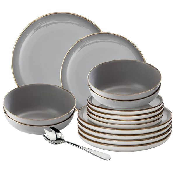 Set of 13 piece - Smoke Gray Golden Rim Dinner Plates Tableware Set