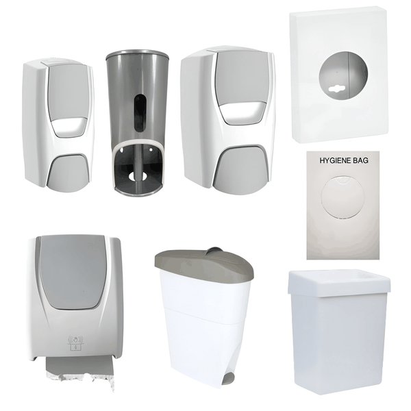 Ladies Washroom Hygiene Combo - 18L Bin, Seat Cleaner Dispenser, TR2 Satin