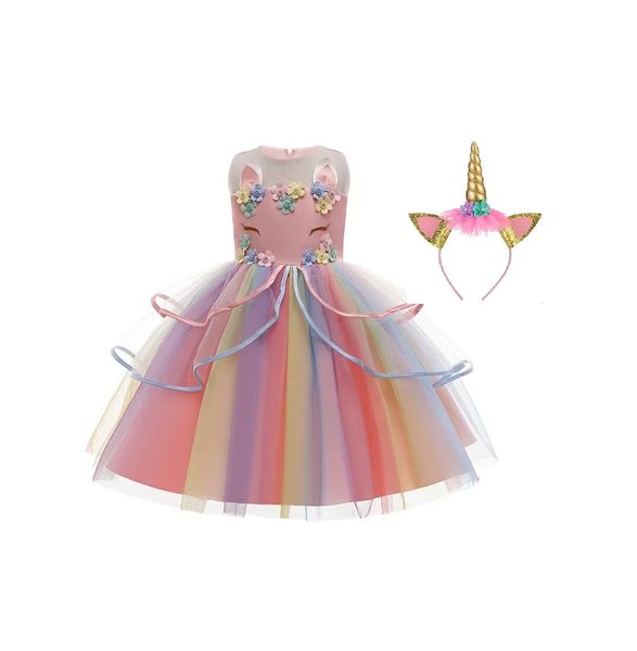 BD-Long Tulle Rainbow Princess Girl's Fancy Dress Up With Unicorn Headband