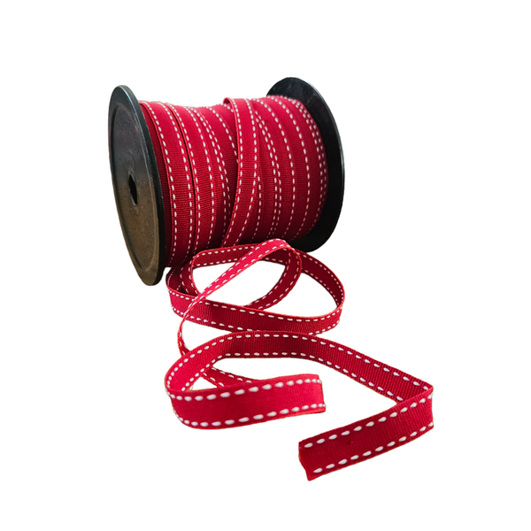 Red Ribbon with White Side Stitch 10mm - 50m roll