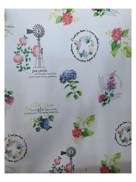 White Vinyl Tablecloth windmill and flowers(137cmx320cm) 8-10 seater