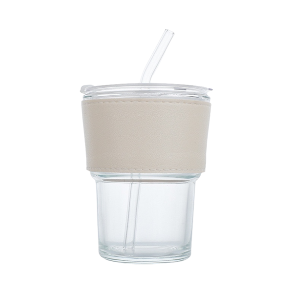 PU Cover Glass Tumbler Travel Cold Coffee Cup with Clear Lid and Straw