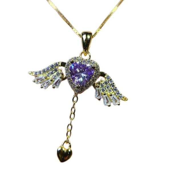 Angel Wings Blue Purple Heart Pendant With Tassel