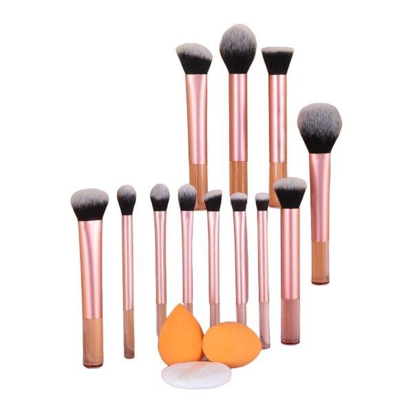 15-Piece Makeup Brush Set With Orange Beauty Sponges - Pink