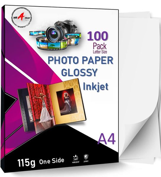 MR A TECH Premium Glossy 115gsm A4 Photo Paper Inkjet Printers - 100 Sheets