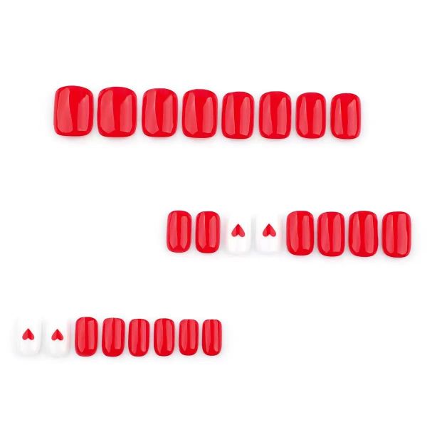 French Minimalist Nail Art With Solid Red Heart Shaped False Nails