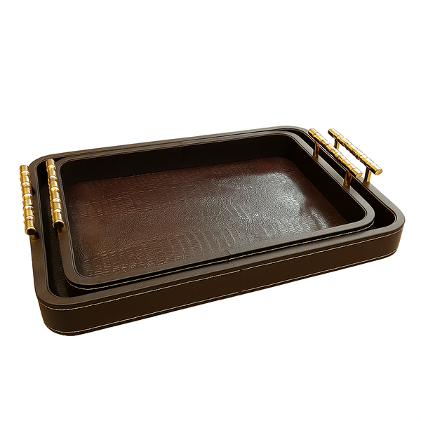 Luxury Faux Leather Serving Tray Set with Gold Handles - 2-Piece