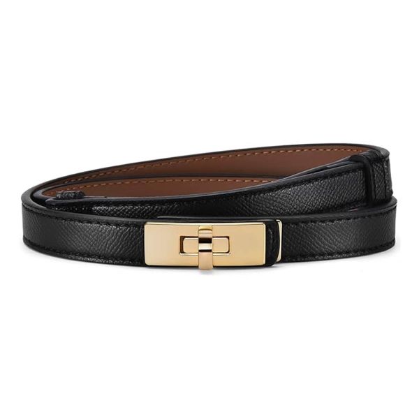 Women's Skinny Leather Belt with Gold Adjustable Thin Belt for Dresses