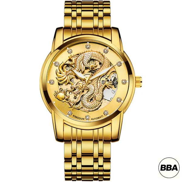 BBA-Luxury Men's Dragon Engraved Diamond Automatic Skeleton Watch