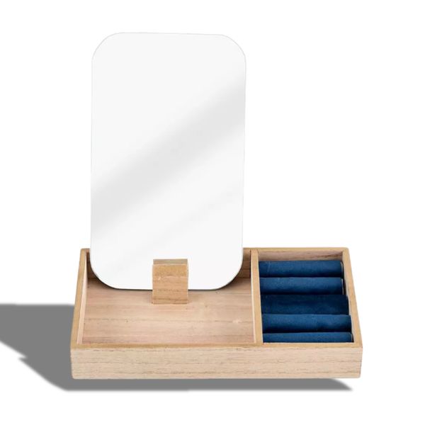 Wooden Tray Jewellery Box with Mirror and Velvet Lining - Dark Blue