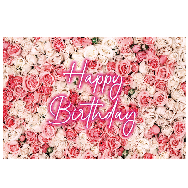 Pink Happy Birthday Backdrop, Elegant Rose Blossom Backdrop