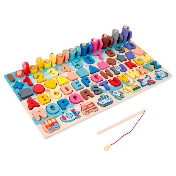 Pack Of 124 Children Wooden Logarithmic Puzzle Board And Fishing Play Set
