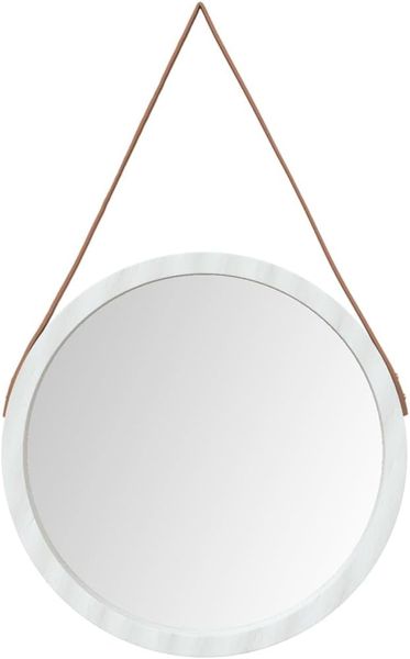 ModernCharm Round Wall Mirror - White Frame with Adjustable Brown Strap