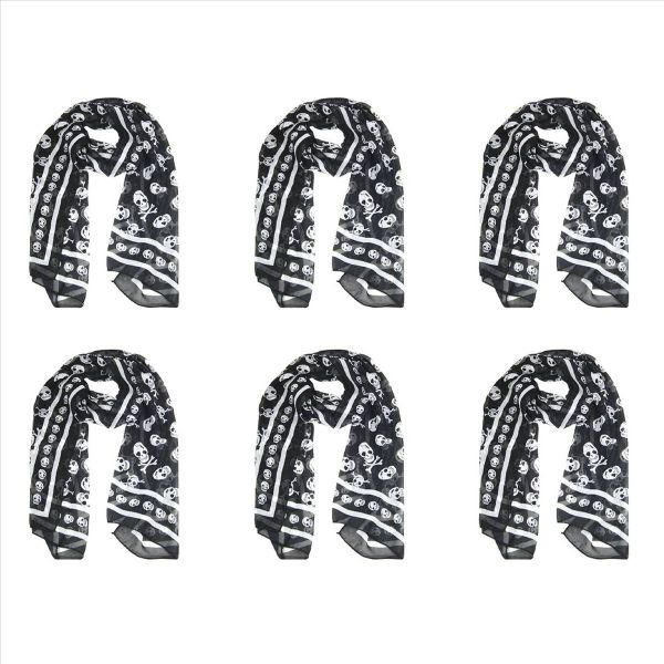 Black Chiffon Silk Feeling Skull Print Fashion Long Scarf Shawl Wrap