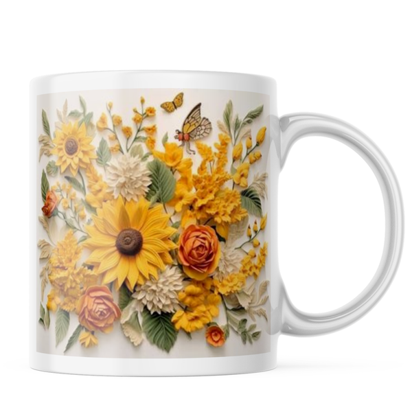 Ceramic 3D Yellow Flowers and Butterflies Mug - White - 11 OZ