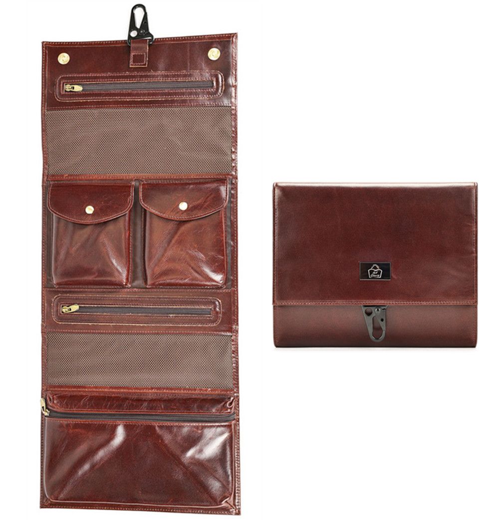 SACLASSY Genuine Leather Hanging Toiletry Bag Travel Organizer with Pockets